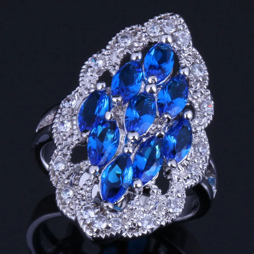 Candy Oval Blue Cubic Zirconia White CZ Silver Plated Ring V0591