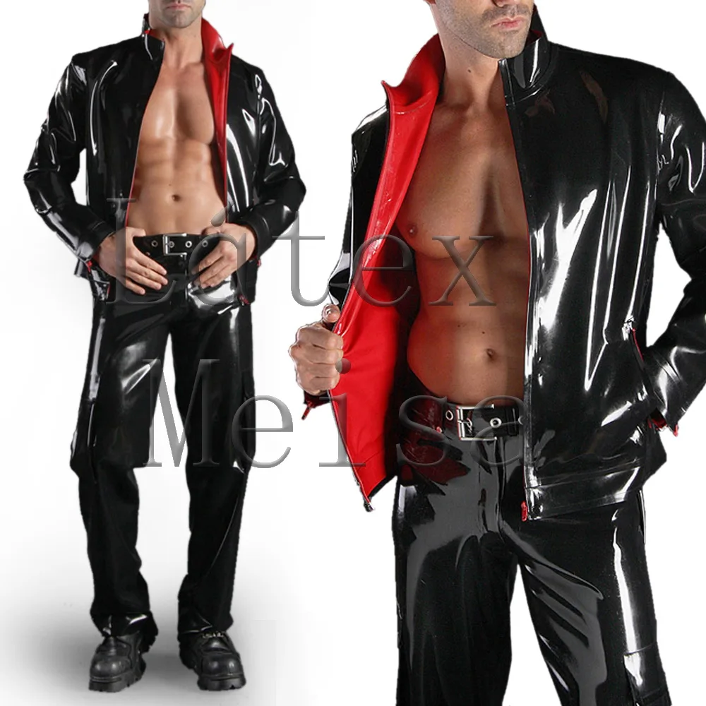 100% Handmade casual straight black latex jacket with pockets decoration