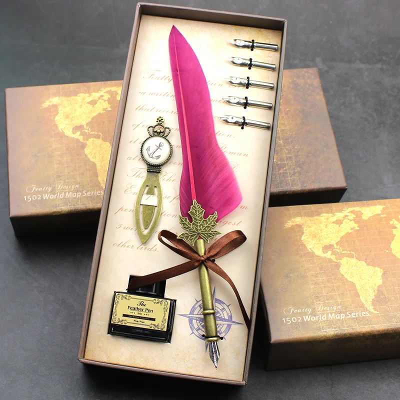 

FEATTY English Calligraphy Feather Dip Pen Writting Ink Set Gift Box with 5 Nib Wedding Gift Quill Pen Fountain Pen New