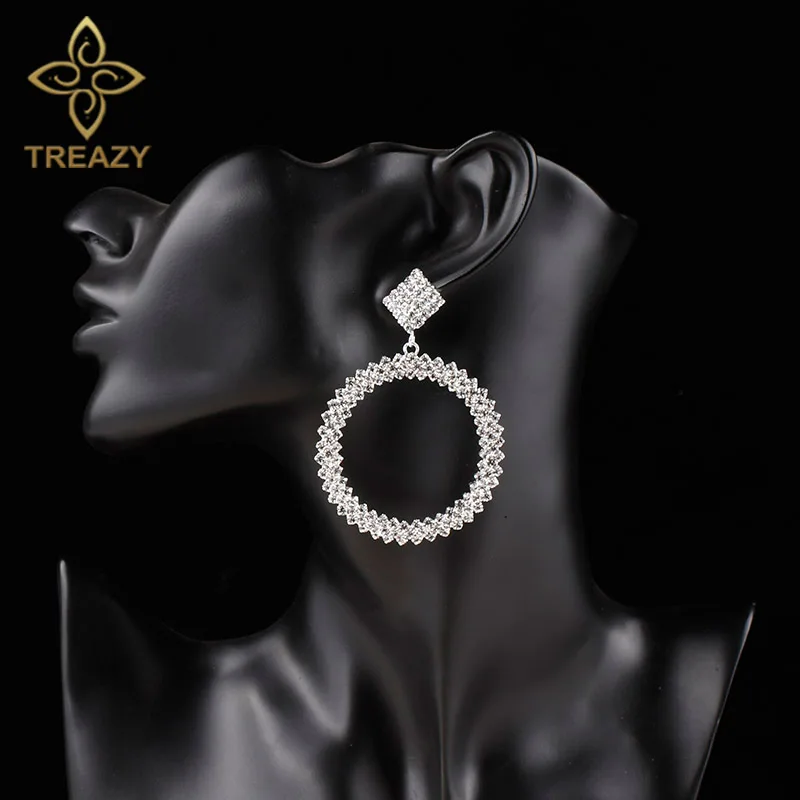 TREAZY Sparkling Silver Color Rhinestone Crystal Round Circle Drop Earrings for Women Bridal Big Dangle Earrings Wedding Jewelry