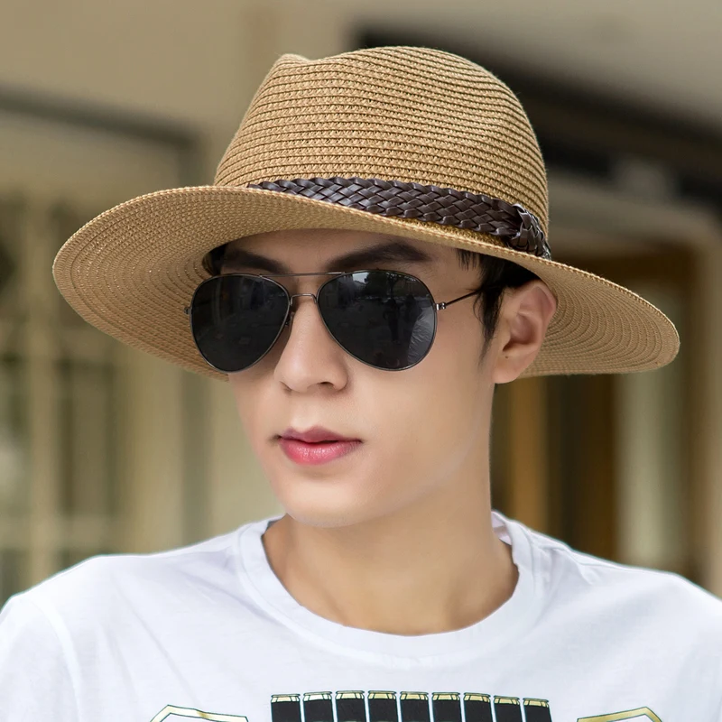 

Sun Hat Male Summer Straw Hat New Version Cowboy Sun Cap Wide Brim Men's Sun Hat Anti-ultraviolet Beach Hat Sunscreen Cap B-8054