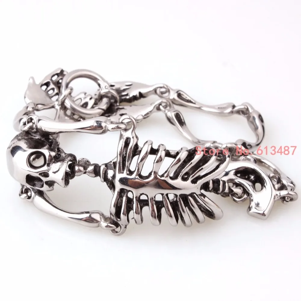 European Halloween Bracelet Punk Skull Skeleton Bracelet For Men Silver Color Stainless Steel Heavy Bangle Cool Jewelry