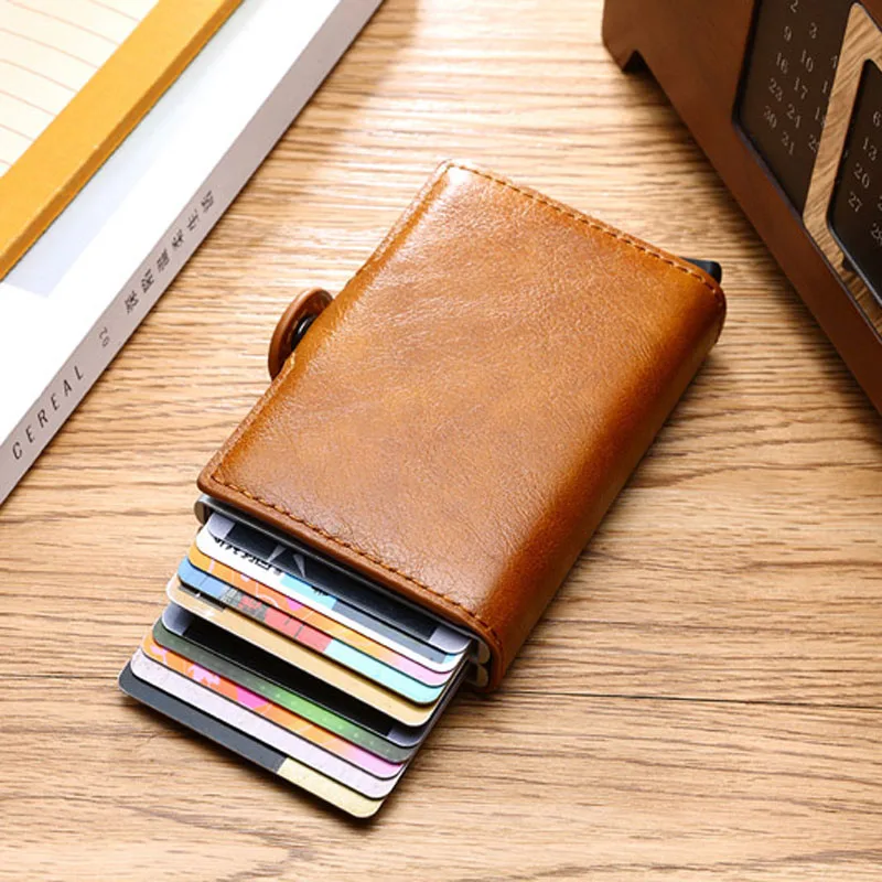 Maideduod New Metal Card Holder RFID Blocking Leather Business ID Credit Card holder  Men Thin  Aluminium Case Wallet Mini Purse