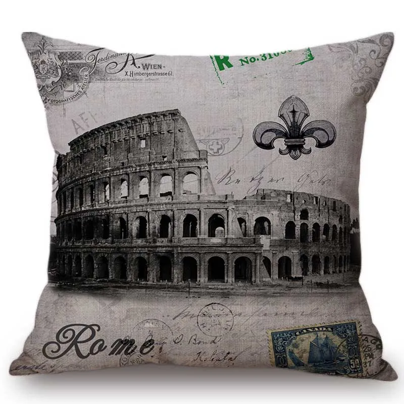 London Street View Big Ben Paris Eiffel Tower Colosseum Landmark Scenery Home Decorative Throw Pillow Stamps Style Cushion Cover