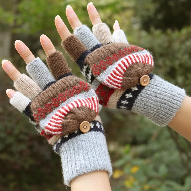 

Winter Gloves Women Mitten Warmer Fingerless Gloves Wool Plus velvet thickening Warm Exposed Finger Gloves Winter Ladies Mittens