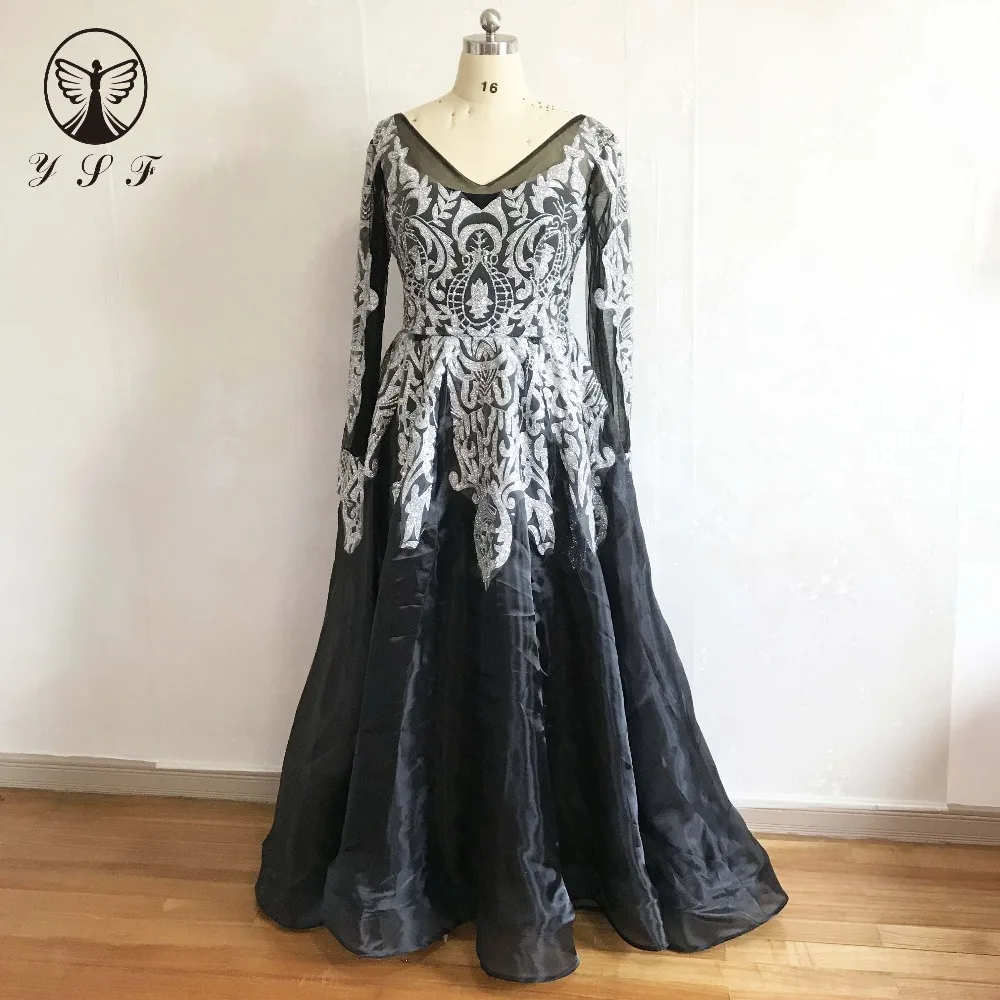 2018 Cổ Điển Vestidos De Fiesta V Cổ Appliqued Màu Đen và Bạc Long Lanh Ren Dài Tay Áo Evening Dresses