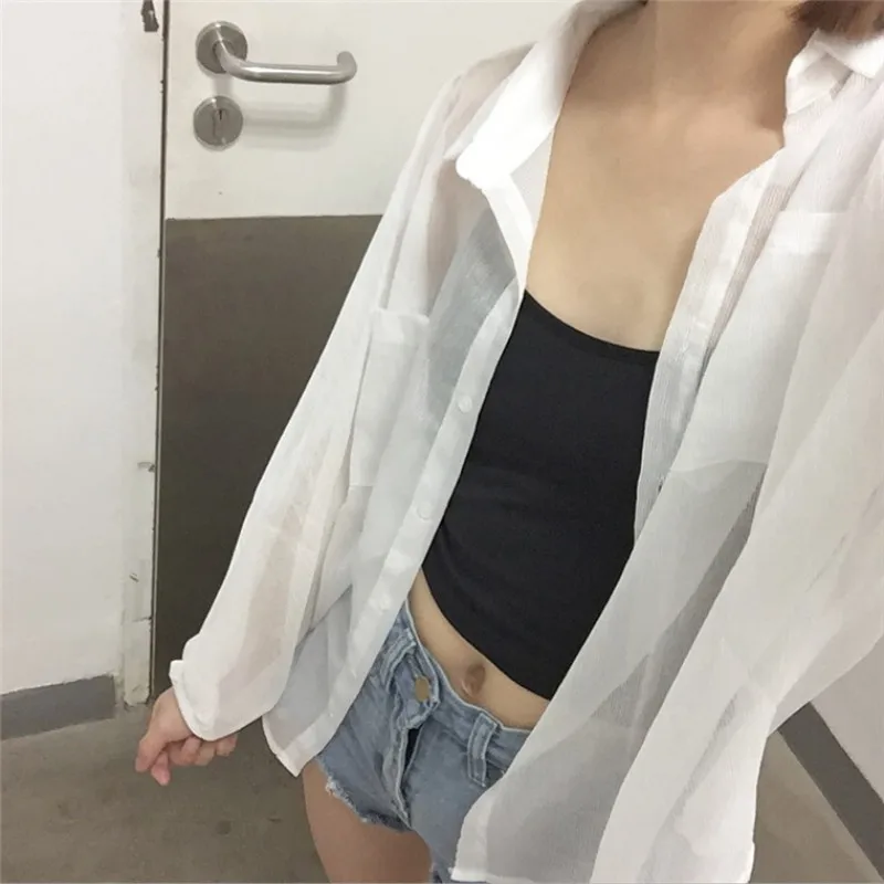 Summer White Women Shirt Cotton Linen Button White Blue Floral Turn-down Collar Transparent Loose Blouse