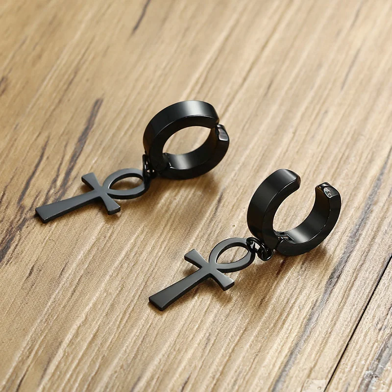Eternal Cross Egypt Cleopatra Ankh Earrings for Men Jewelry Antiqued Black Stainless Steel Egyptian Queen Ankara Earing image 6