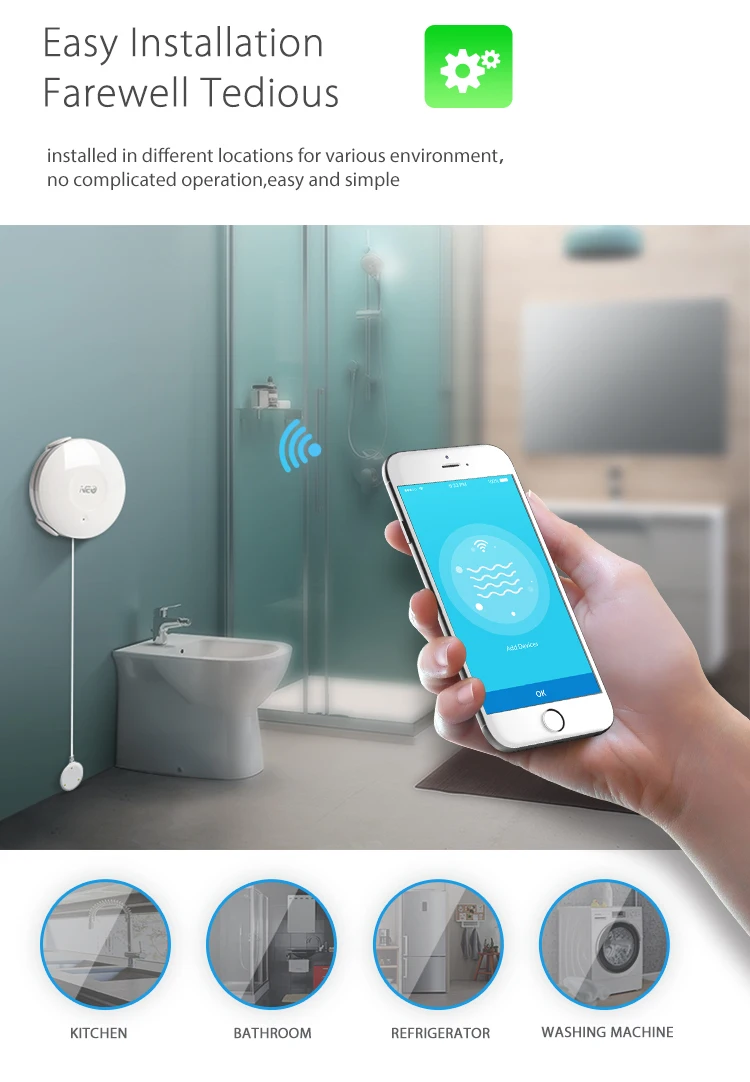 WiFi Smart Water Sensor , Water Flood Detector Alarm and App Notification Alerts, No extra Hub needed, free APP in android & IOS