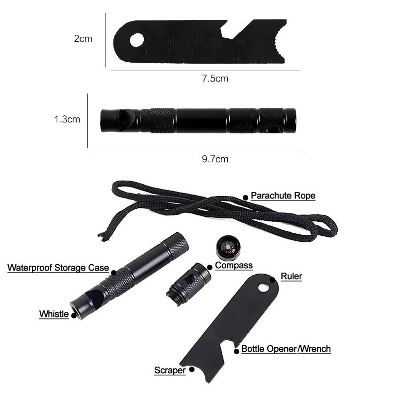 Herramienta EDC de supervivencia al aire libre portátil, silbato de emergencia, brújula, llave inglesa, regla, cuerda, funda impermeable, tamaño de