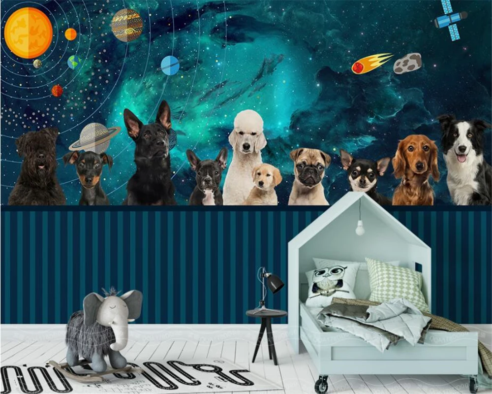 

Custom Wallpapers Hand Painted Space Universe Puppy Pet Dogs Kids Wall Background Wall Paintings 3d wallpaper photo Beibehang