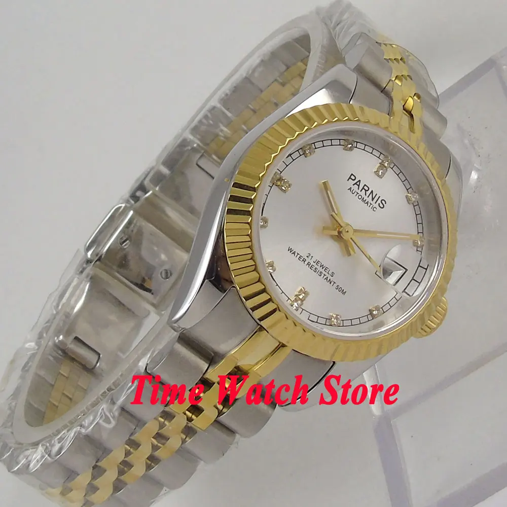 Parnis 26mm Ladies Watch  Miyota 6T51 Sapphire Glass Automatic Movement Womens Wristwatch Date Silver Dial Golden Bezel