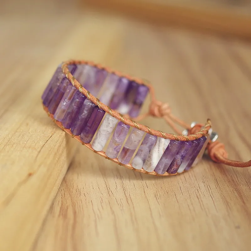 

Women Fashion Bracelet Bohemia Leather Wrap Bracelet & Bangle Purple Crystal Beaded Charm Cuff Bracelet Handmade Jewelry