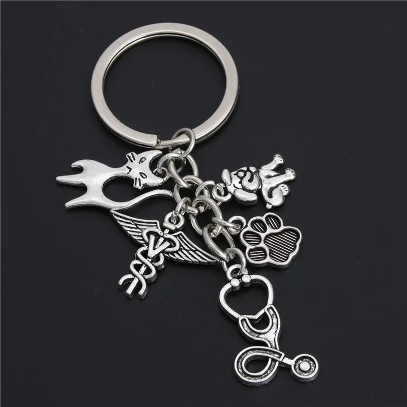 1pair Vet Keyring Silver Color Stethoscope Animal Charms Animal Dog Cat Nurse Key Chains Veterinary Jewelry Gift E2180