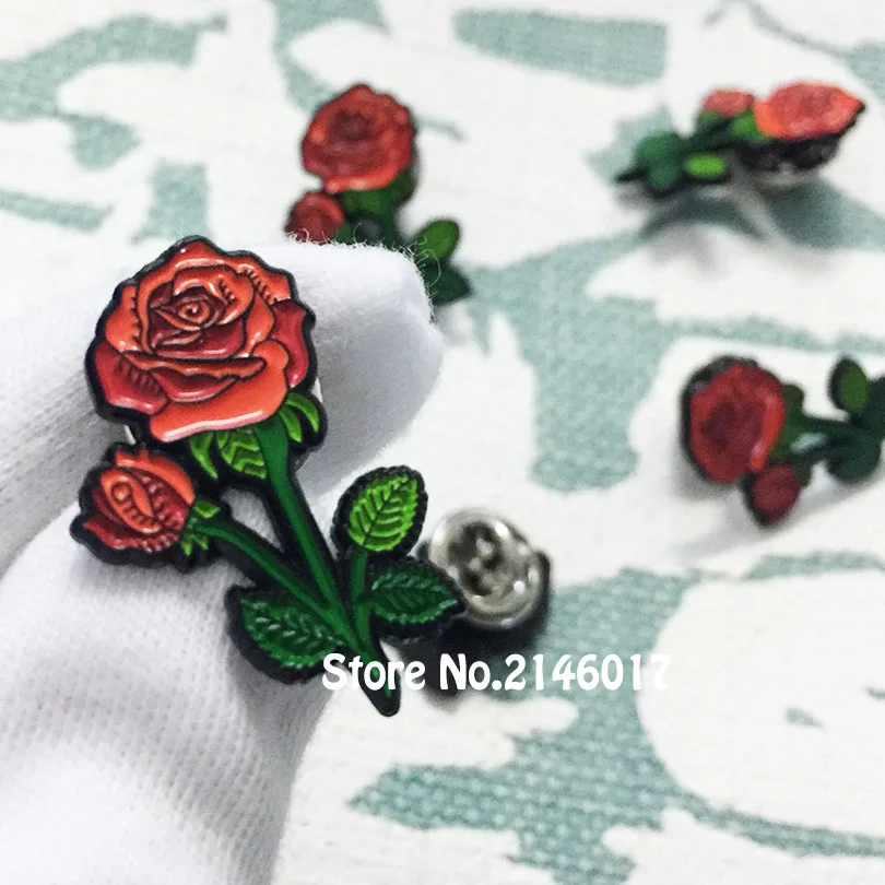 50pcs Custom Pins Red Rose Brooch Jewelry for Women Ladies 27mm High Soft Enamel Lapel Pin Flower Badge Birthday Gift