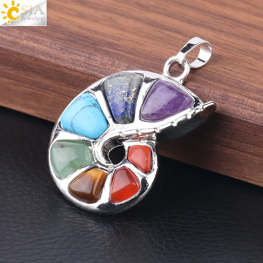 CSJA Spiral Shape Pendant Natural Stone 7 Chakra Necklaces & Pendants for Women Men Yoga Reiki Healing Bead Fashion Jewelry F737