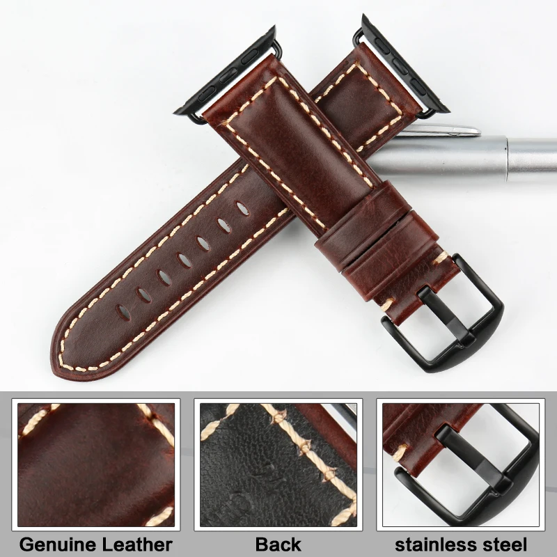 MAIKES Genuine Leather Watchband For Apple Watch Strap 45mm 41mm 42mm 44mm 40mm Series 7 6 SE 5 4 3 iWatch Watch Band