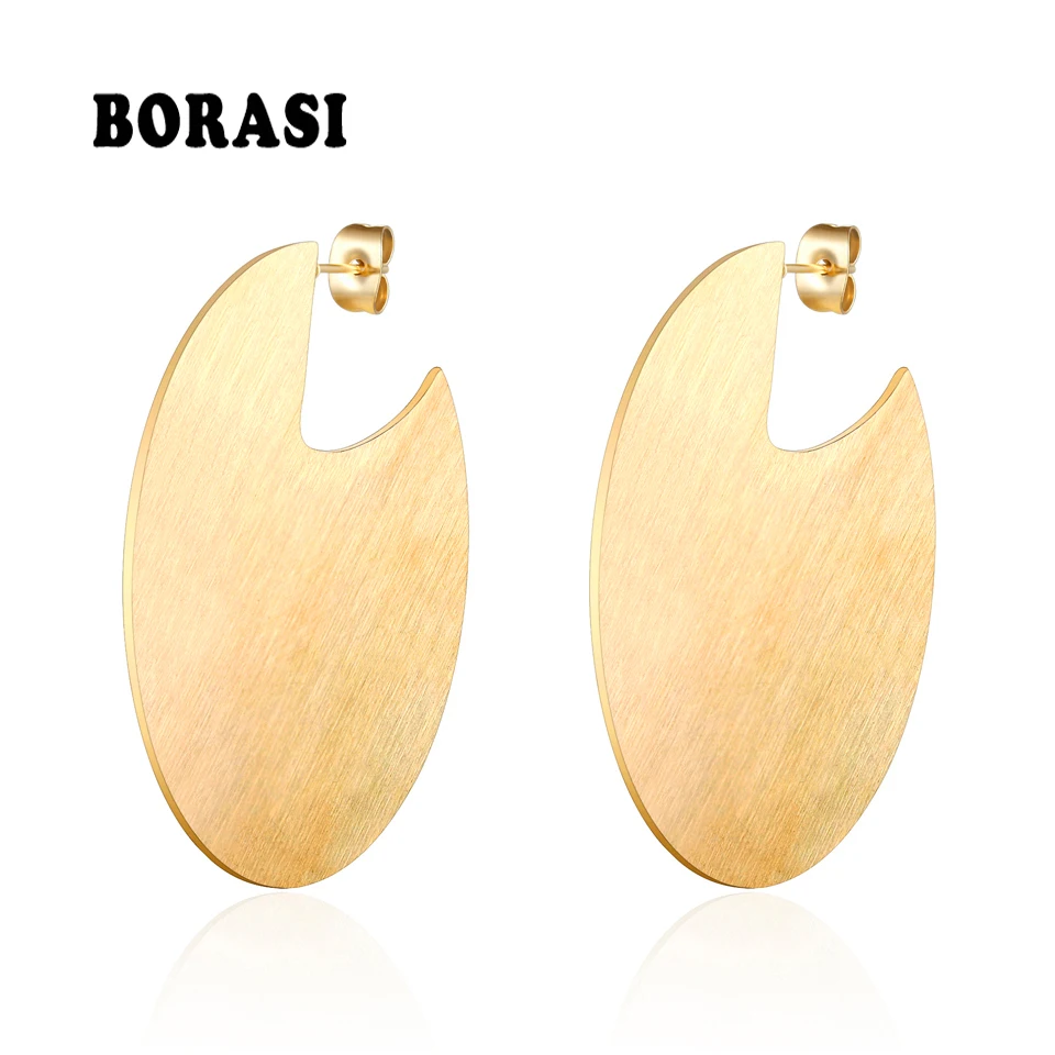 BORASI New Trendy Big Circle Round Dangle Earrings For Women Gold Color Stainless Steel Long Earings Engagement Jewelry Gift