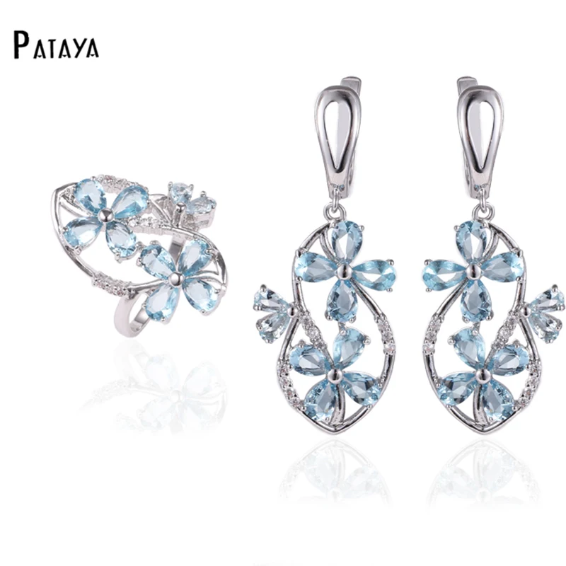 

PATAYA New Light Blue Flowers True White Gold Color Jewelry Sets Natural Zirconia Ring Long Earring Set Women Romantic Jewelry