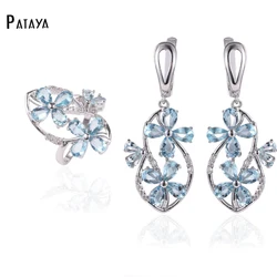 PATAYA New Light Blue Flowers True White Gold Color Jewelry Sets Natural Zirconia Ring Long Earring Set Women Romantic Jewelry