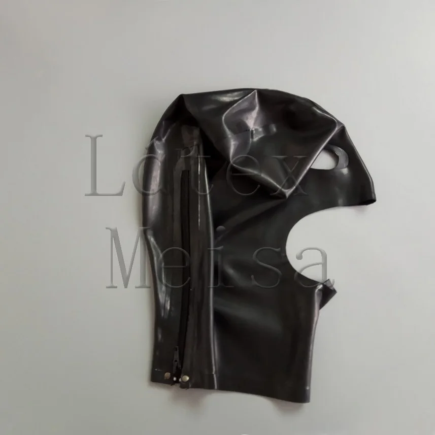 Latex masks adult's rubber hoods open mouth eyes and nose in black color with back zip