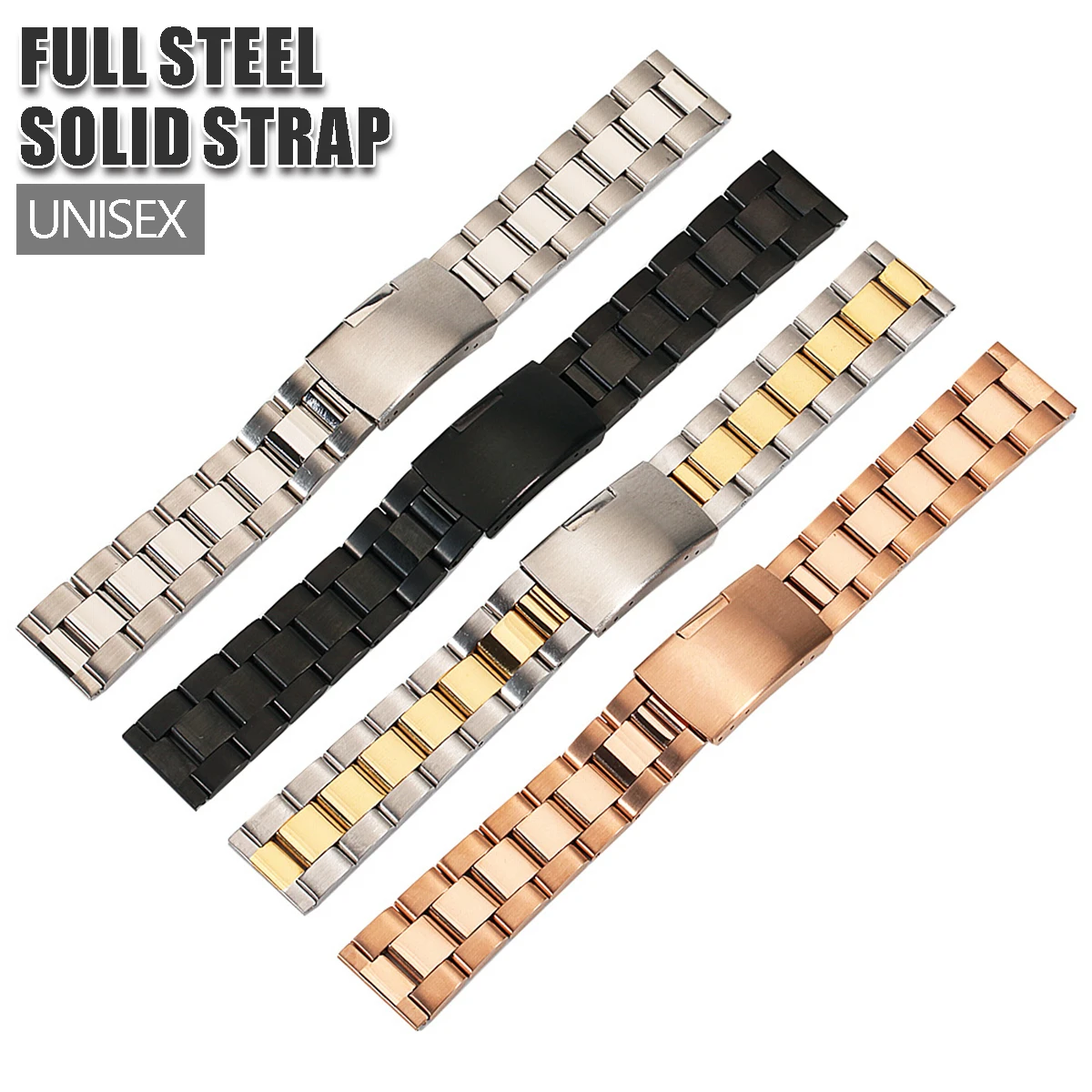 18 20 22 24 26 28 30mm Full Stainless Steel Watchband Men Business Wristwatch Band Accessories Gold Black Folding Buckle Strap