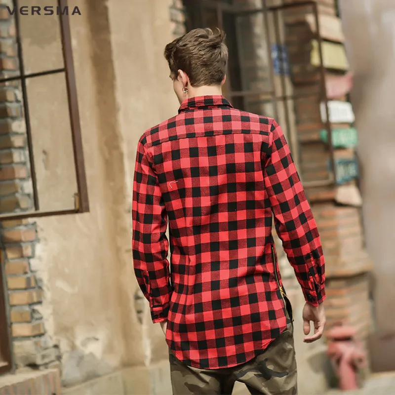 VERSMA 2017 Hip Hop Casual Double Slider Zipper Red Black Plaid Shirt Men Camisa Chemise Red Checkered Shirt Men Tartan Clothing