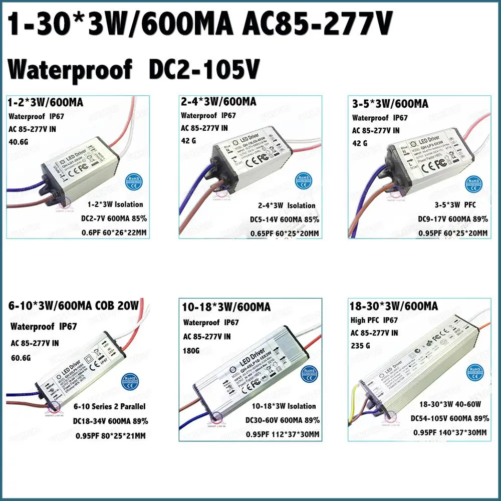 3-10Pieces IP67 PF 2-60W LED Driver 1-2x3W 2-4x3W 3-5x3W 6-10x3W 10-18x3W 18-30x3W 600mA DC2-105V Constant Current Free Shipping