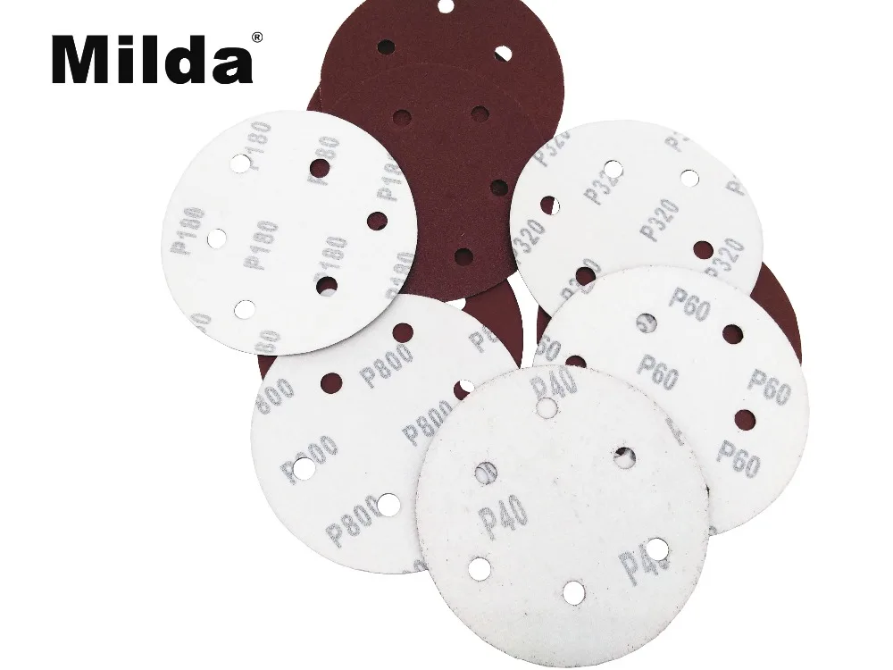 Milda 50pcs 5 Inch 125mm Round Sandpaper Disk Sand Sheets Grit 40-800 Hook and Loop Sanding Disc for Sander Grits