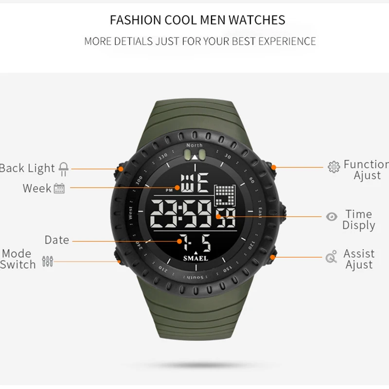 SMAEL Top Brand Men Electronics Watch Outdoor Sports Waterproof  Big Dial Digital LED Alarm Digital-watch Male 1237