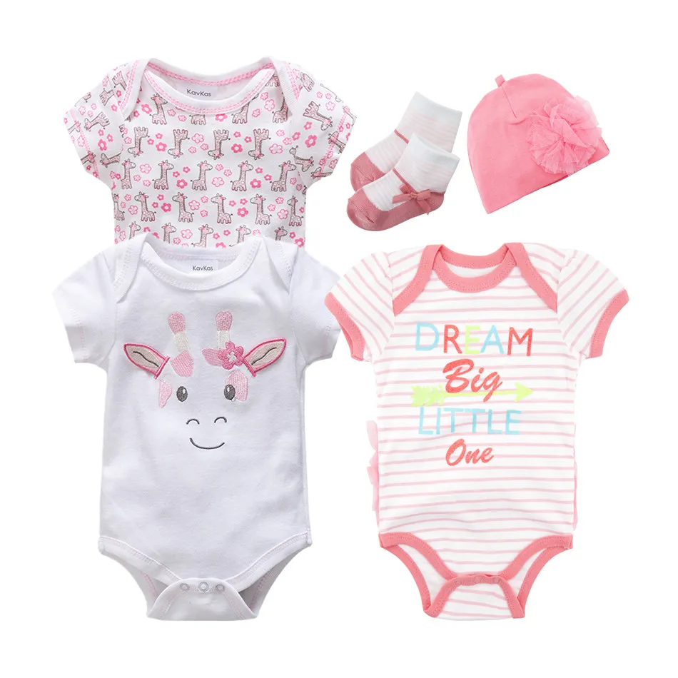 

2019 New Summer Toddler Baby Girls Clothes Sets Short Sleeve Bodysuit+Socks+Hats 5pcs Casual Cotton Girl Jumpsuit 0-12M Coverall