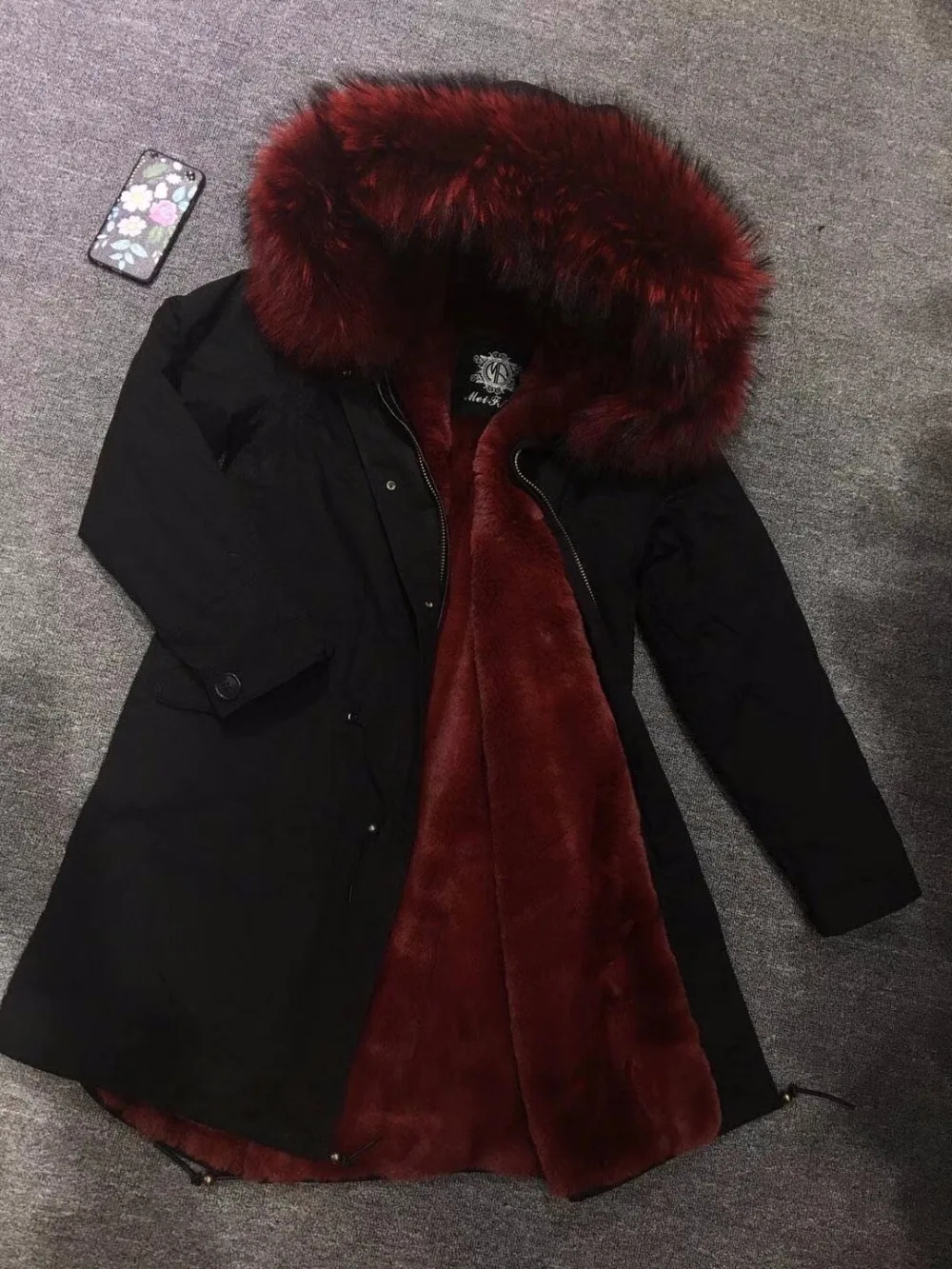 Long Black Cotton Shell Male Winter Casual Wear Thickness Burgundy Faux Fur Lined Overcoat