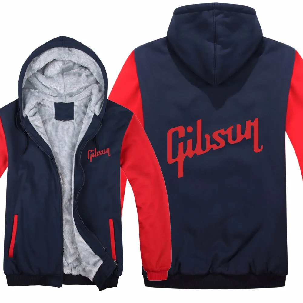 Winter Warm Guitar brand Gibson Logo Mens Zipper Hoodies Fleece Thicken Music Fans Fashion Jacket Sweatshirt Coat