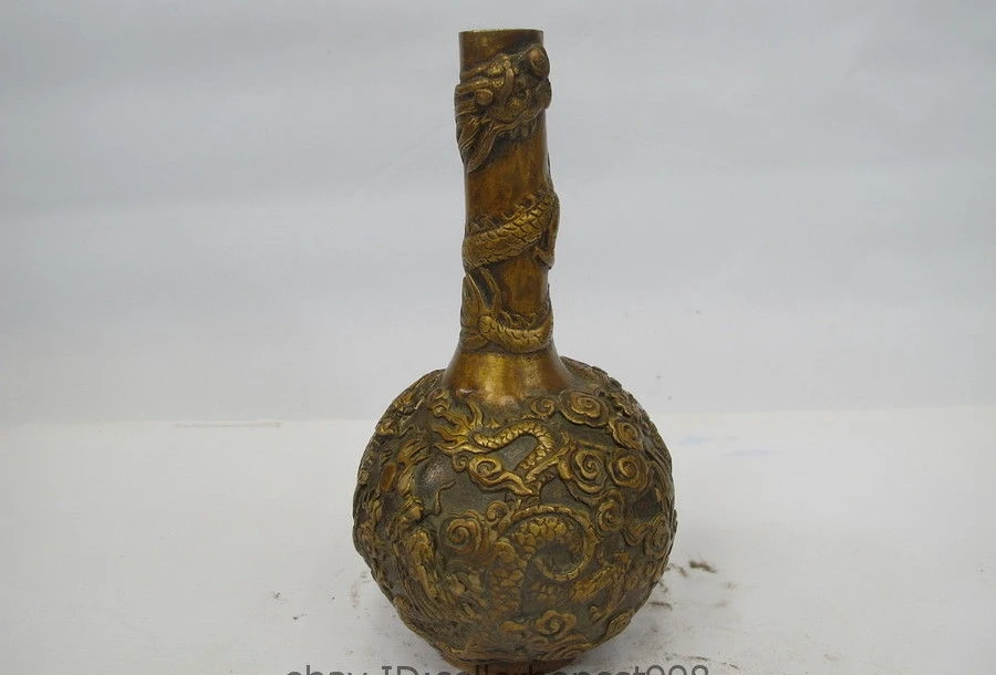 China Marked Dynasty Fengshui Bronze Dragons playing with a pearl Pot Vase