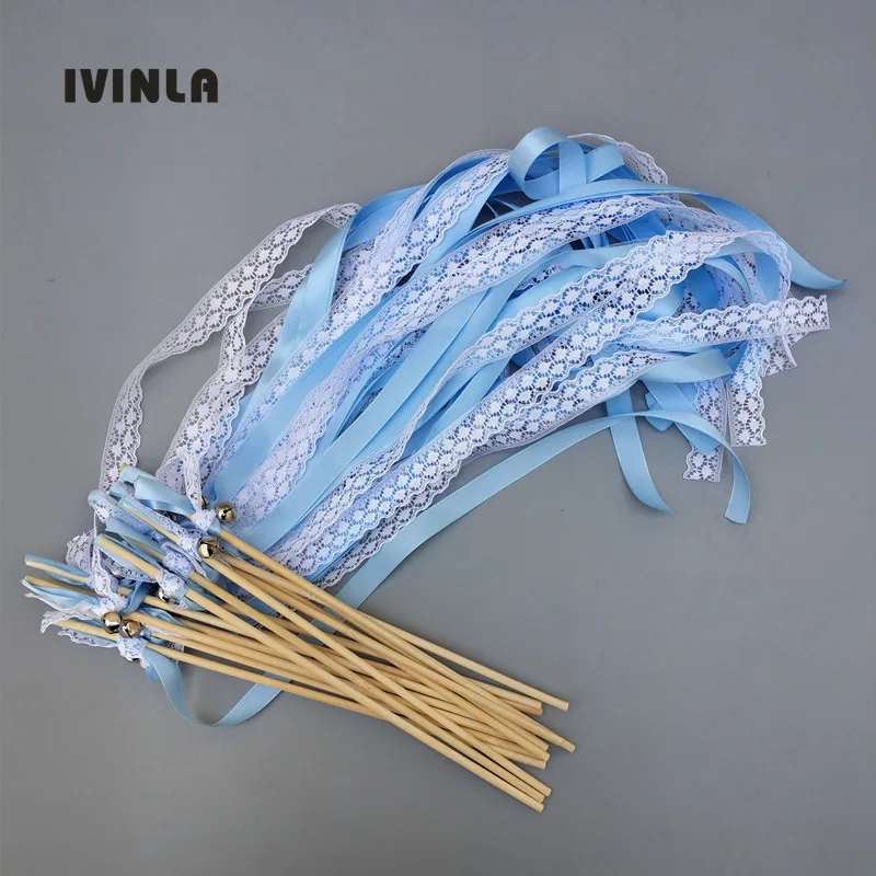 Newest 50pcs/lot light blue Lace Wedding Ribbon Wands and big Bells for wedding decoration