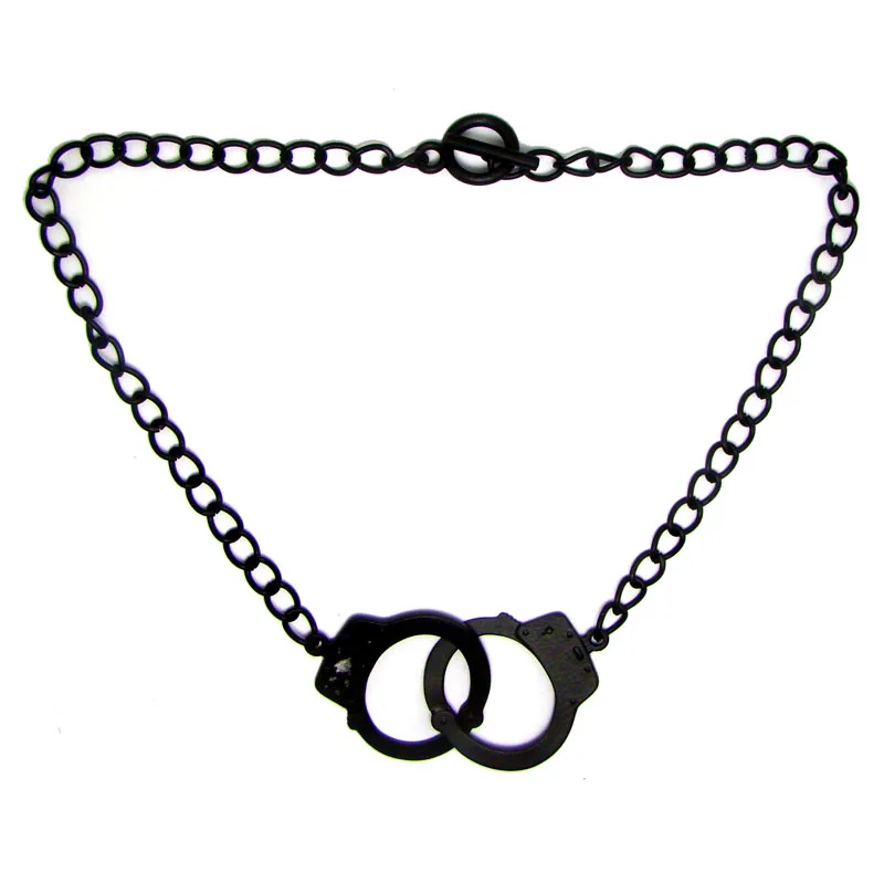 Matt Black Linked Alloy Metal Handcuffs Charm Toggle Pendant Necklace Punk Jewelry Accessories Hot Designer