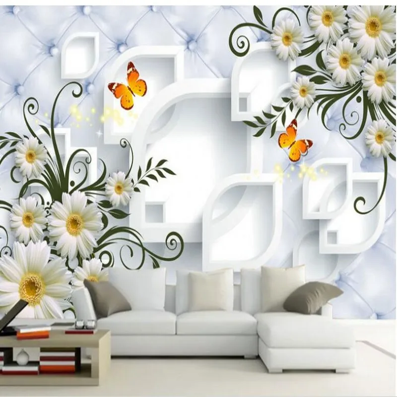 wellyu Custom large - scale murals white chrysanthemum simple fashion soft package 3D background wall non - woven wallpaper