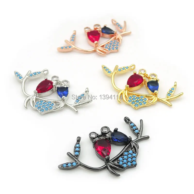 

32*18*3mm Micro Pave Kallaite&Red&Blue CZ Lovebirds Charm Of Double Circles Fit For Women As Necklaces Accessory