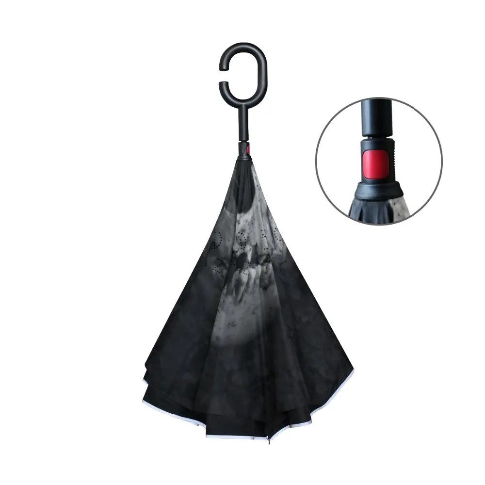 Black Skull Printed Reverse Umbrella Windproof Double Layer Inverted Chuva Umbrella Self Stand Rain Protection C-Hook Hands