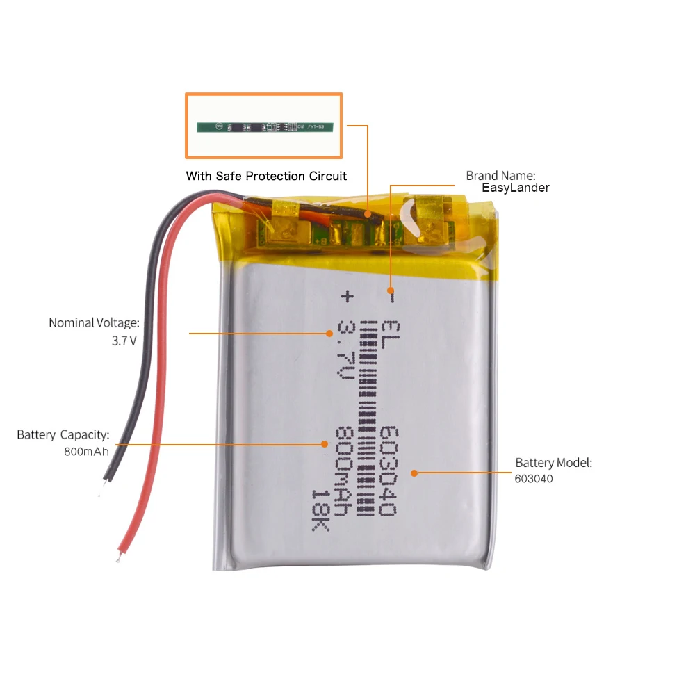 Bateria recarregável do polímero do Li-íon do lítio para o orador, alarme, GPS, MP3, MP4, brinquedo, DIY, 3.7V, 800mAh, 603040
