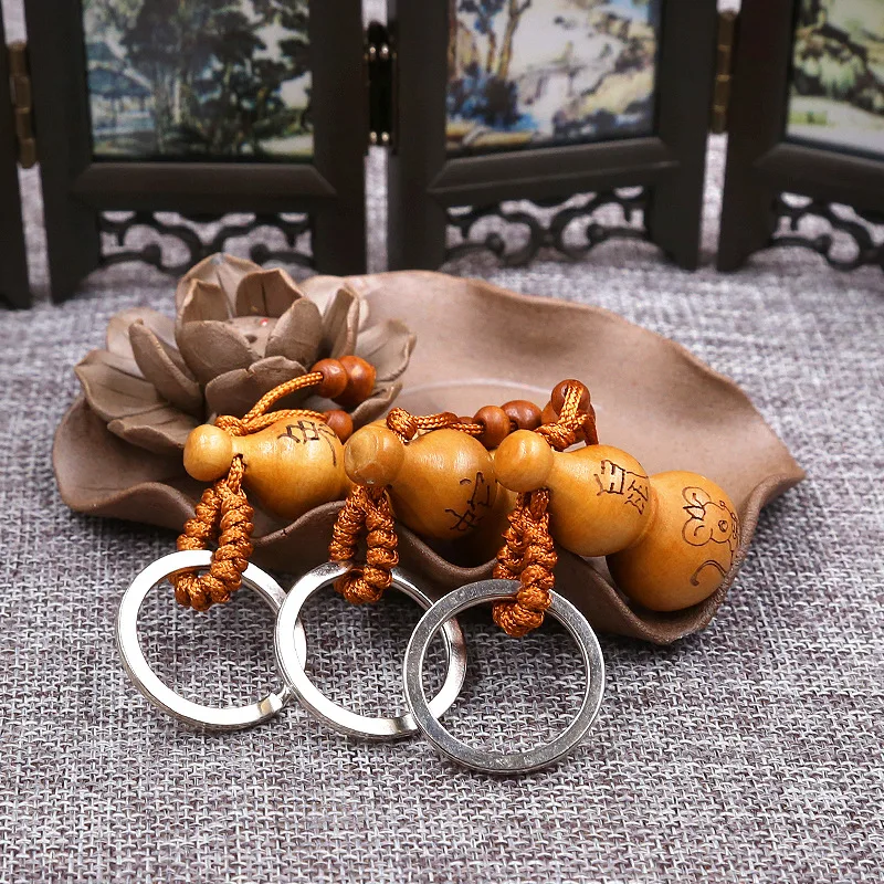 12 Chinese Zodiac Gourd Keychain Wood Sculpture Ainmal Chick Rabbit Cow Tiger Key Chain On Bag Car Trinket Wedding Party Gift