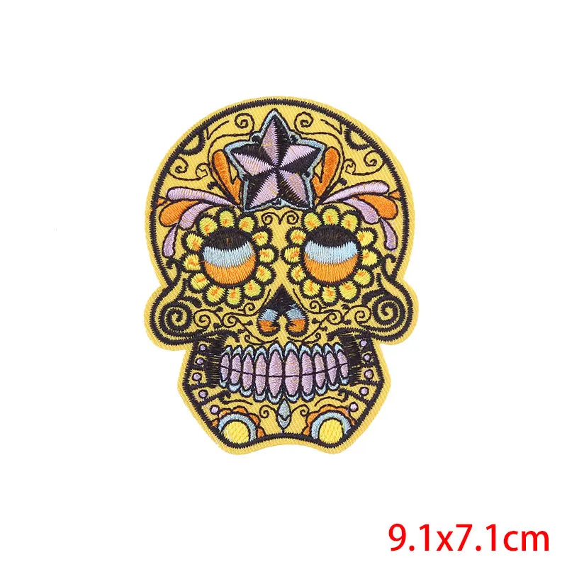 Prajna Punk Rock Skull Patches Embroidered Iron On Patches For Clothing Biker Style Rose Flower Sticker On Clothes Applique DIY