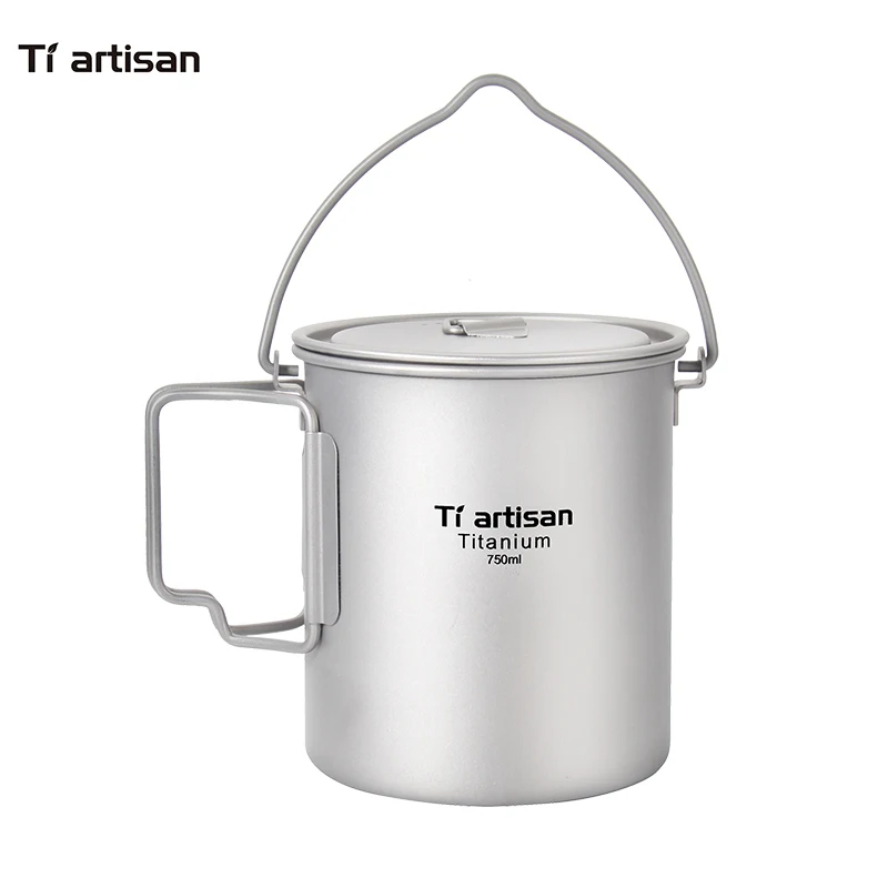 Tiartisan Outdoor Camping Titanium Hanging Pot 750ml Ultralight Portable Picnic Cookware Pot with Lid