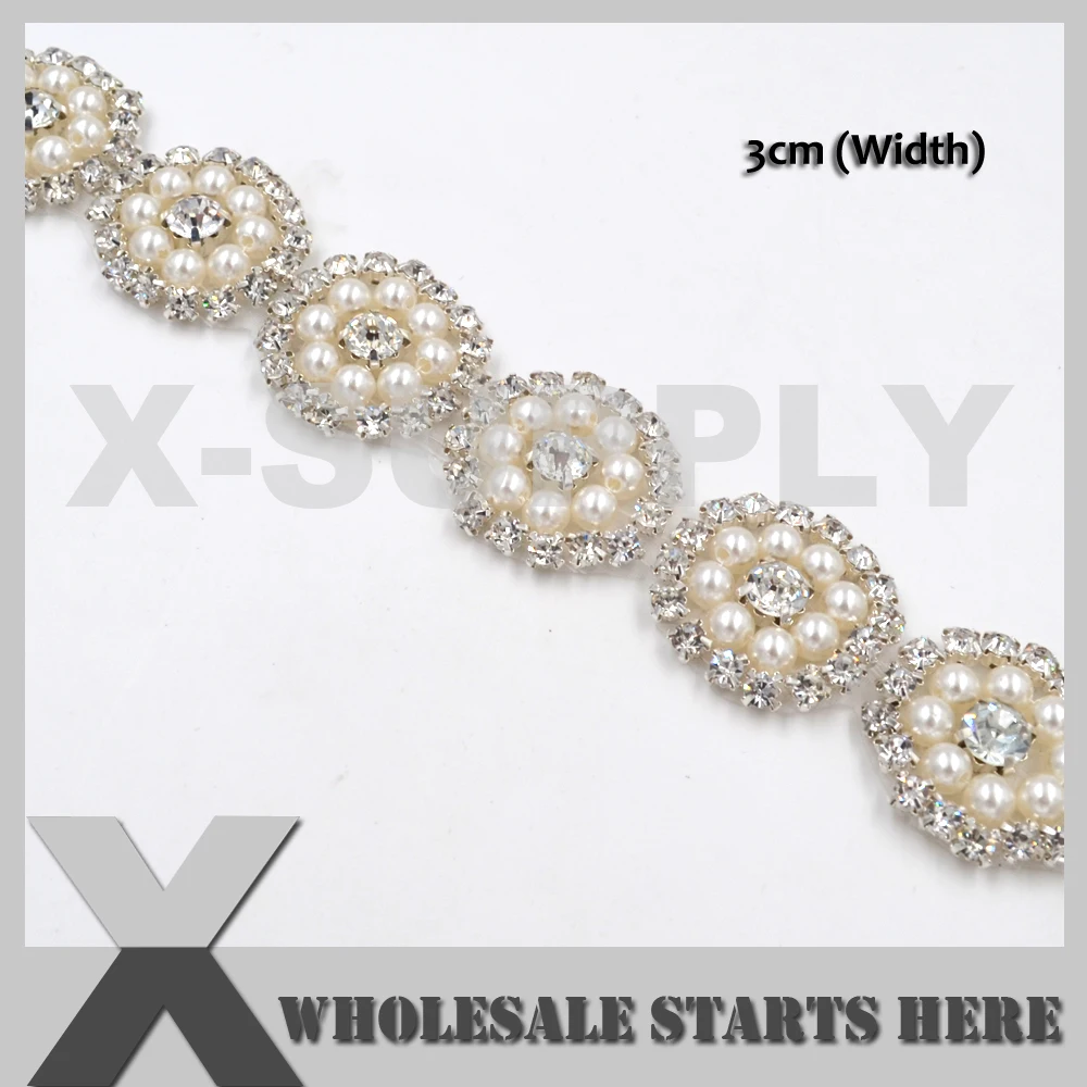 

(3cm Width) Ivory Pearl Rhinestone Applique Beaded Trim for Wedding Bridal Sash,Headband and Shoe/Wholesale Bulk