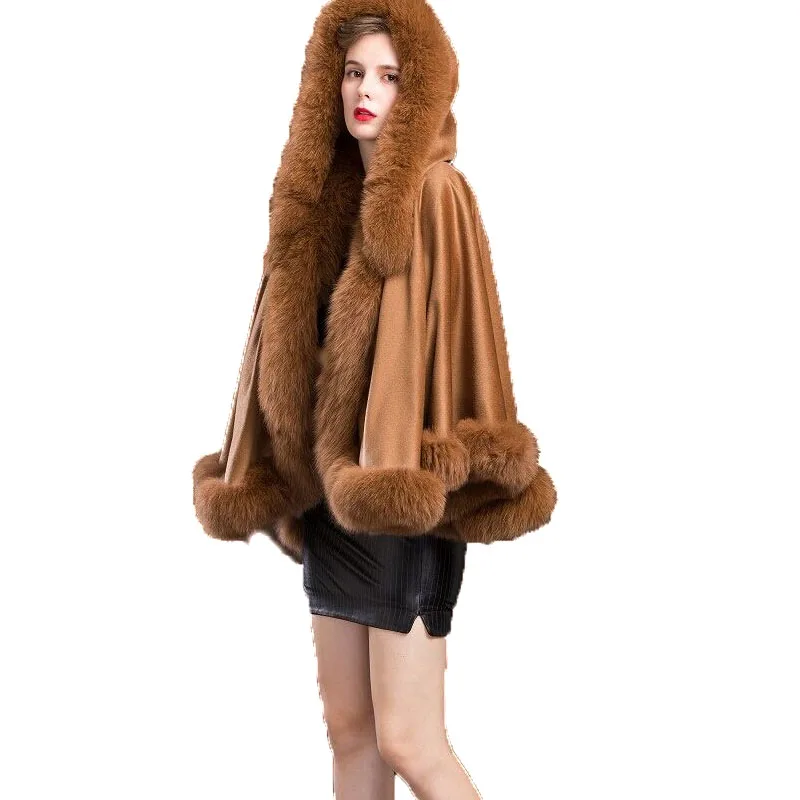 Genuine  Real Cashmere Wrap Women Genuine Fox  Fur Poncho Female Winter Cloak Hooded Coat  Shawl/Cape CAMEL