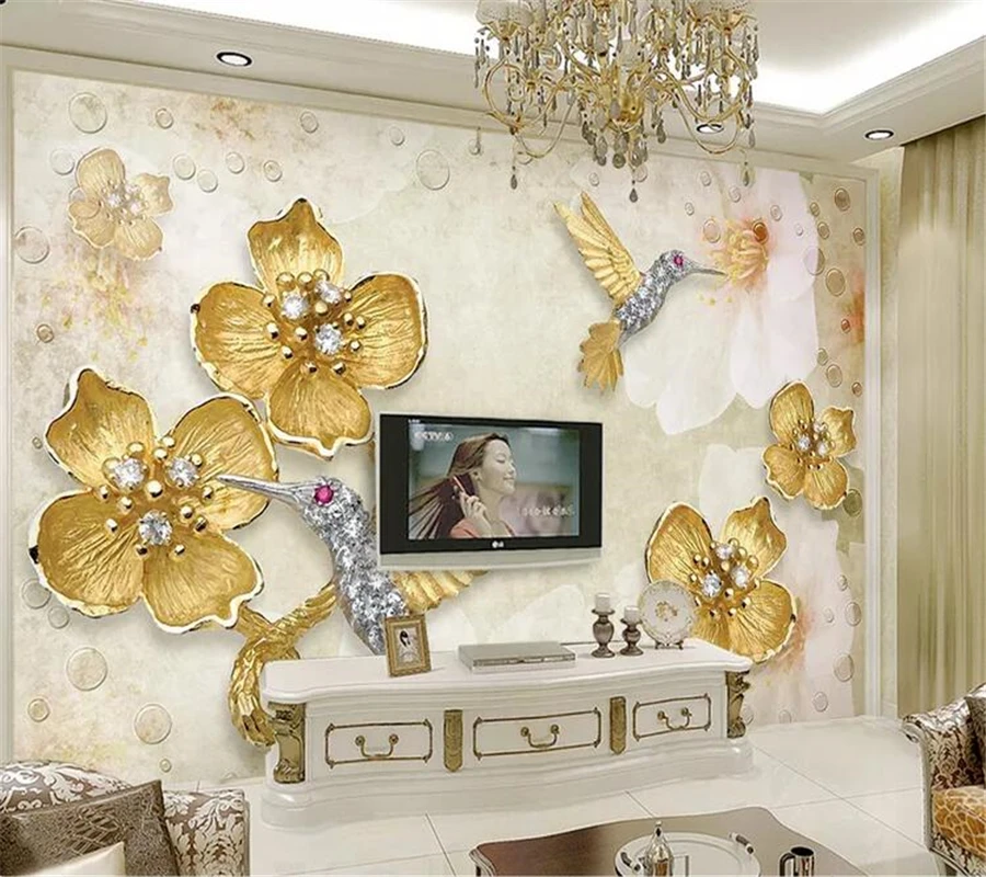 

wellyu wall papers home decor Custom wallpaper American country nostalgic gold carving plum bird 3d TV background wall 3d