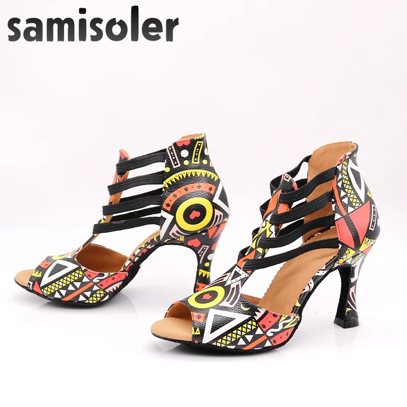 Samisoler Latin Dance Shoes Rainbow Colors bright PU Women's Salsa elegant Ballroom dancing shoes soft tango dance shoes heel