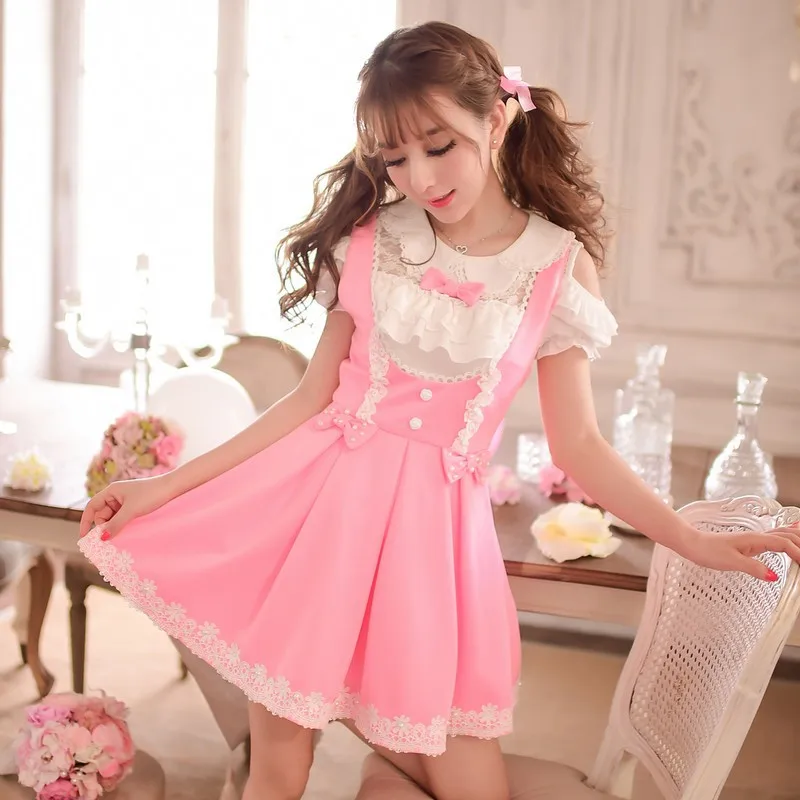 

Princess sweet lolita dress Candy rain Japanese style summer cute bow Nail bead Tall waist pleated braces dress C15AB5772