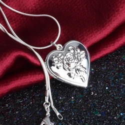 Classic Vintage Rose Flower 925 Sterling Silver Color Locket Double Heart  Necklace Photo El Collar Pendant Women' Best Gift