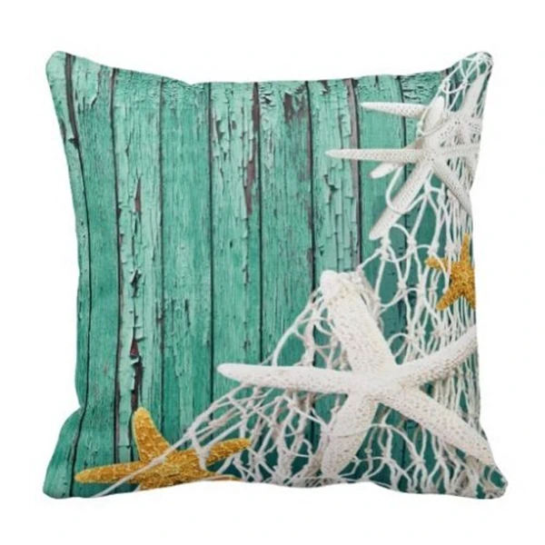 

Sea Beach Decorative Throw Pillow Case Starfish Netting Wood Cushion Cover Green Nautical Chair Cushions Cases Home Decor 18"